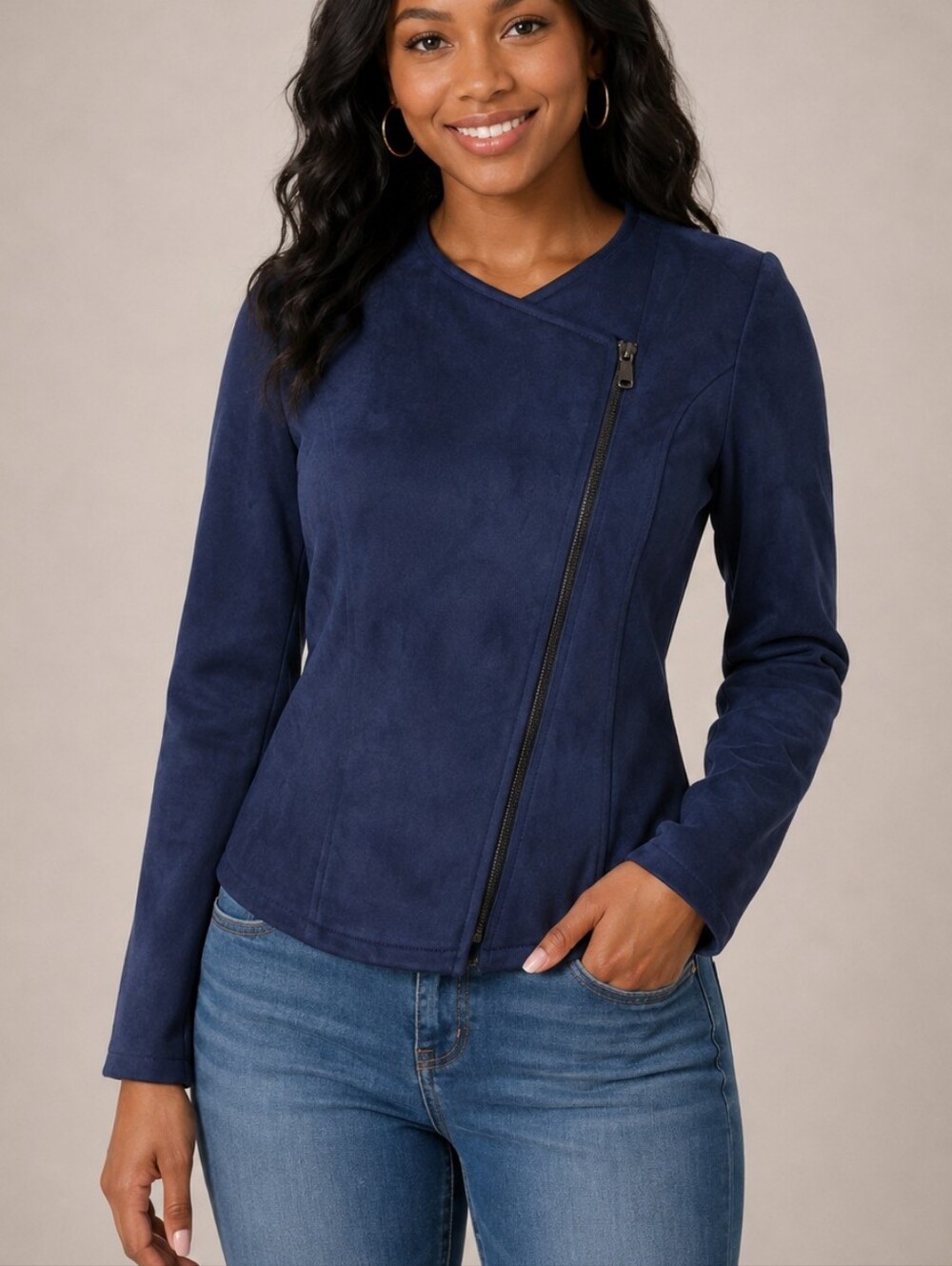 Noir Womens Blue Faux Suede Asymmetric Zip Moto Jacket - NWOT